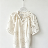 Cotton embroidered top with floral tie-neck, short sleeves -DURELIA