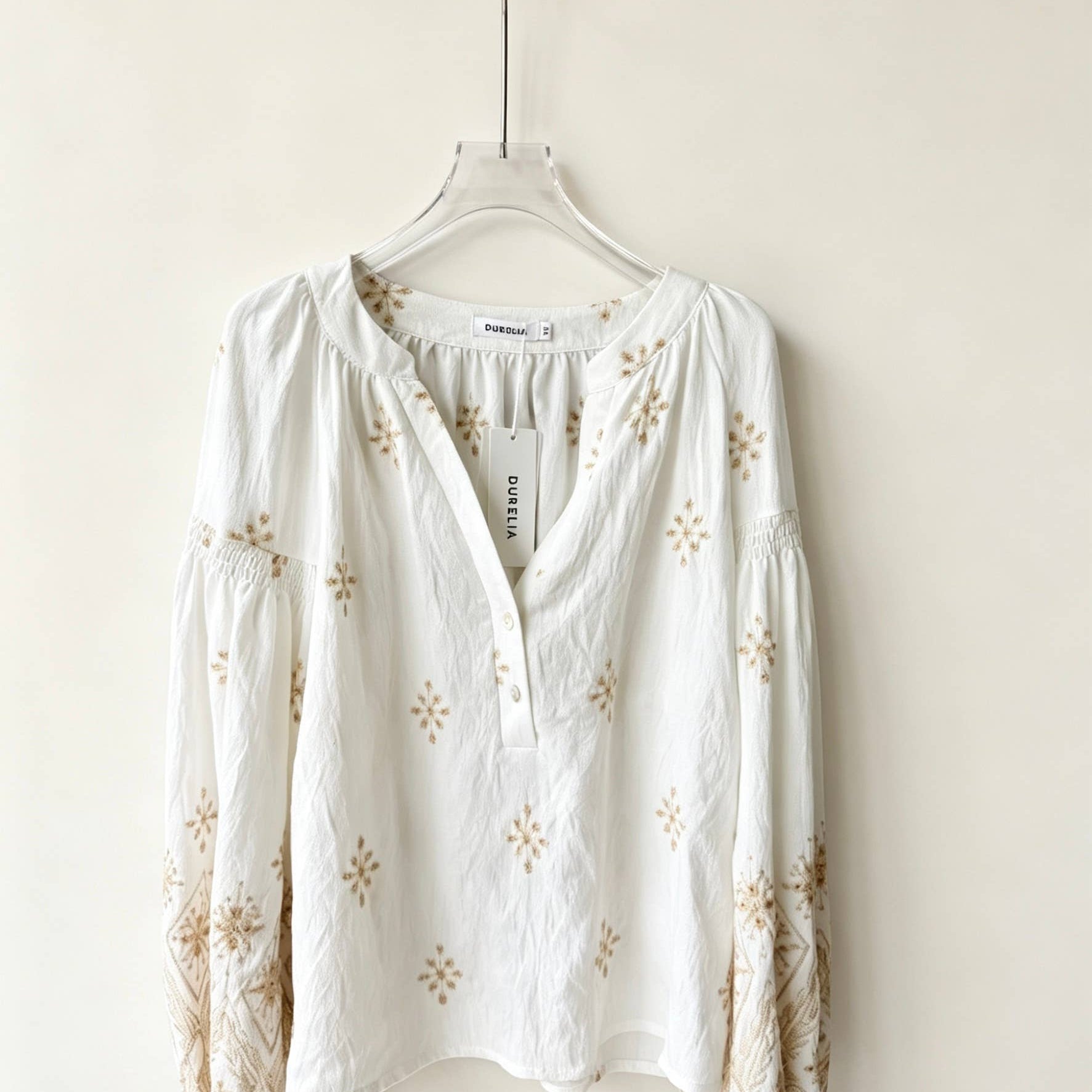 Women's bohemian blouse, Tunisian collar, puff sleeves