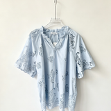 Cotton embroidered top with floral tie-neck, short sleeves -DURELIA