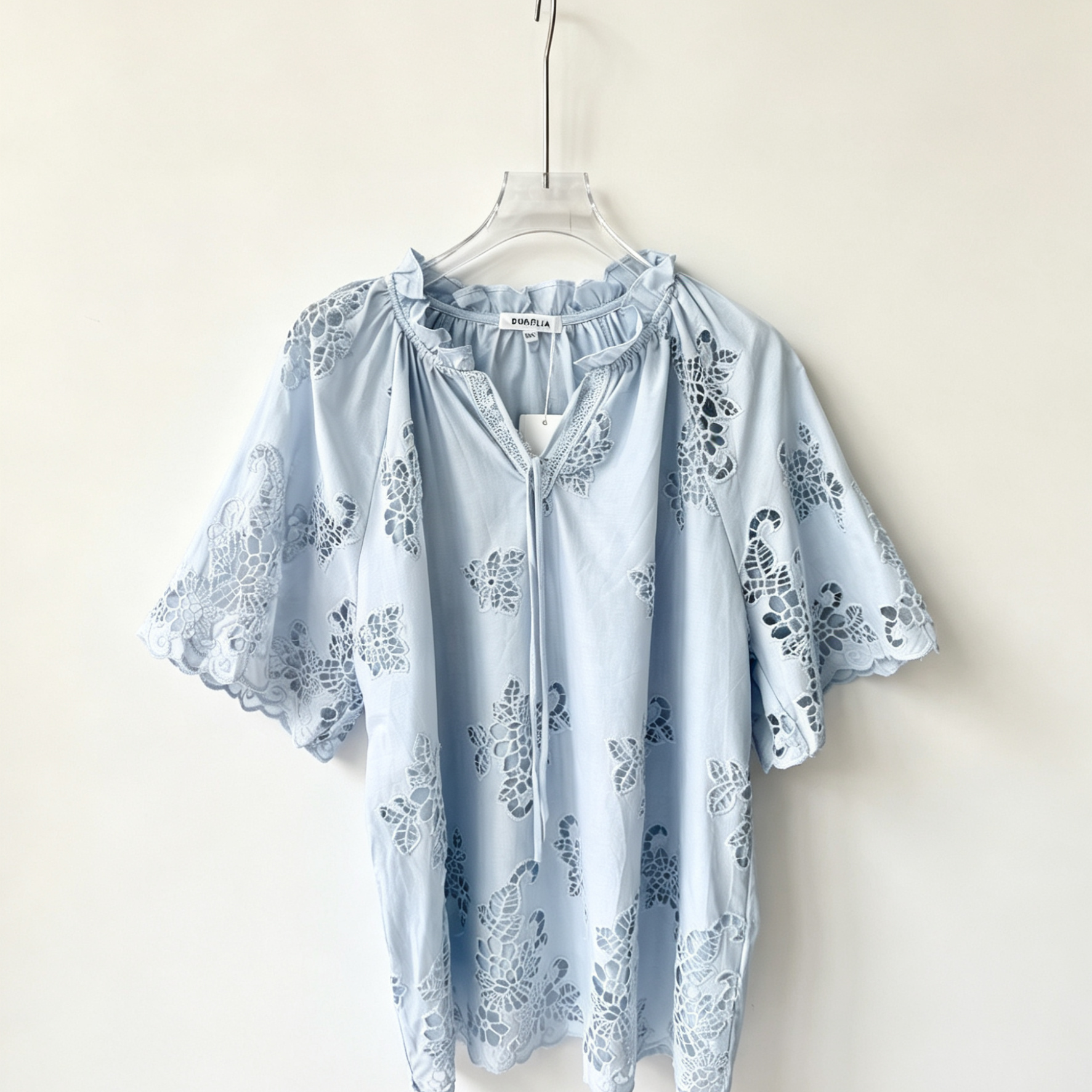 Cotton embroidered top with floral tie-neck, short sleeves -DURELIA