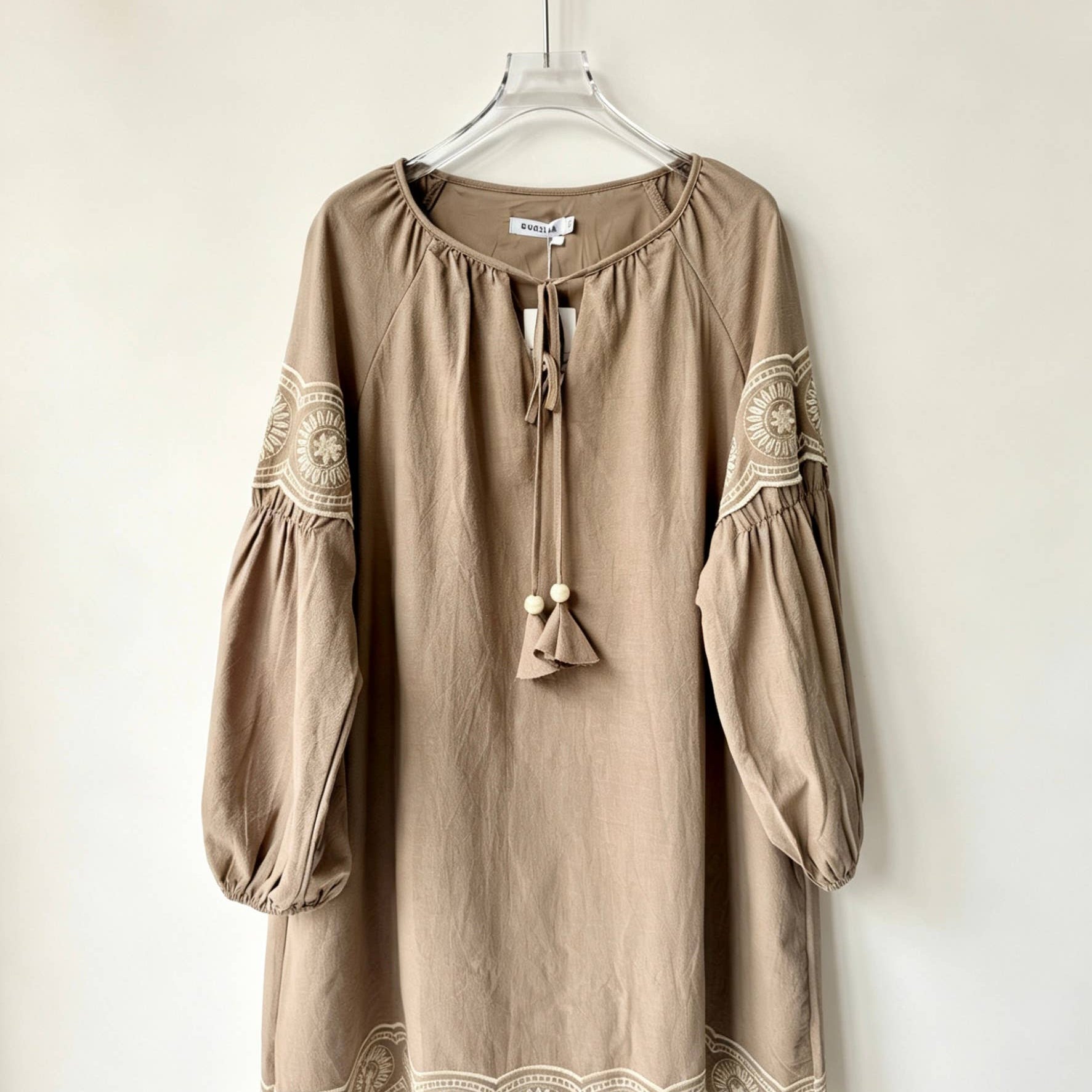 Short embroidered bohemian cotton dress with voluminous sleeves- DURELIA