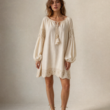 Short embroidered bohemian cotton dress with voluminous sleeves- DURELIA