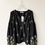 Women's bohemian blouse, Tunisian collar, puff sleeves