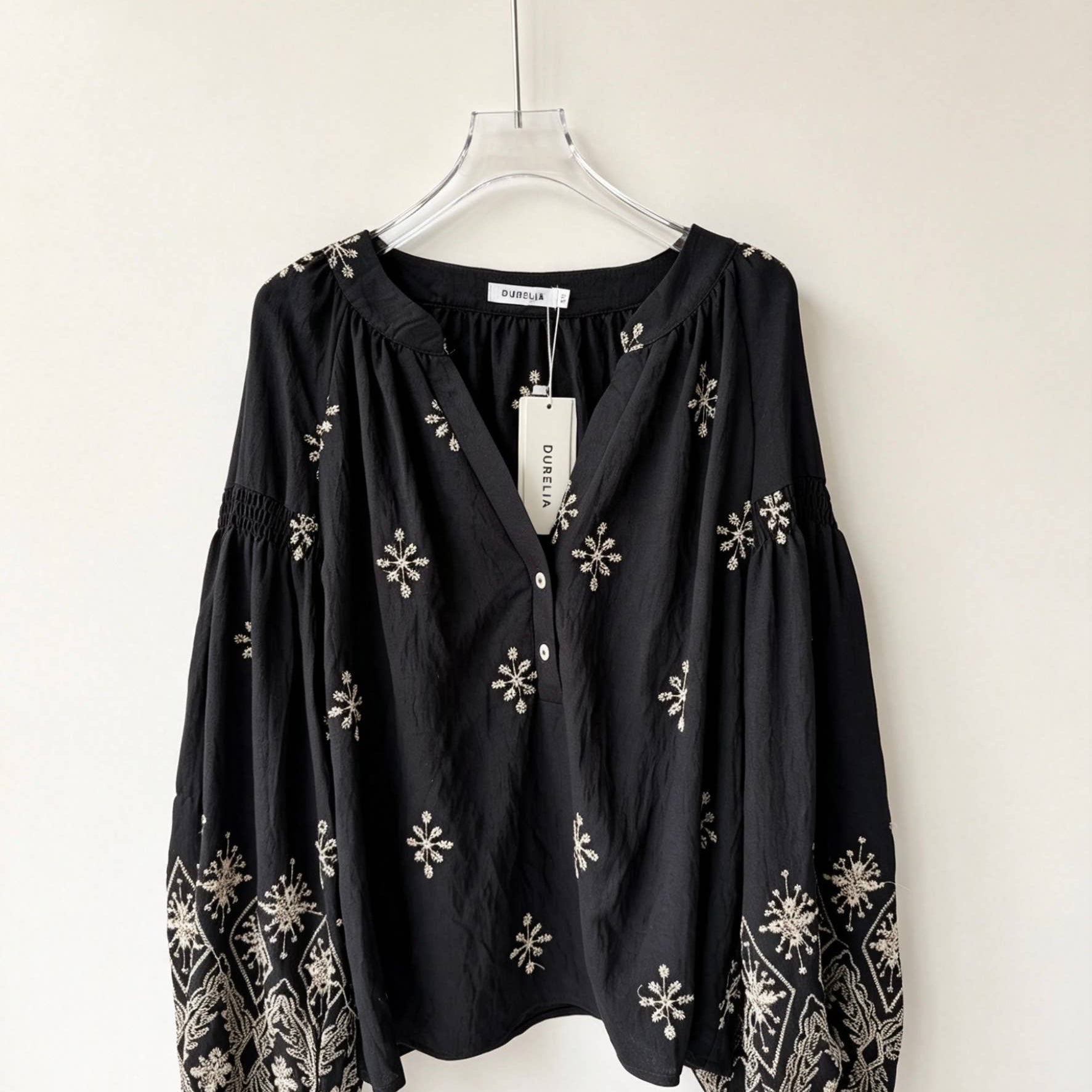 Women's bohemian blouse, Tunisian collar, puff sleeves