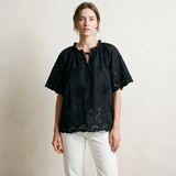 Cotton embroidered top with floral tie-neck, short sleeves -DURELIA