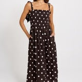 Shirred Maxi Dress - Pink/Choc Polka Dot - BETTY BASICS