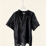 Cotton embroidered top with floral tie-neck, short sleeves -DURELIA