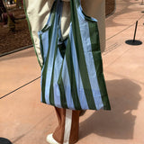 Green Blue Stripe Pocket Shopper