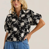Marlowe Bubble Sleeve Blouse - Black/Cream Floral