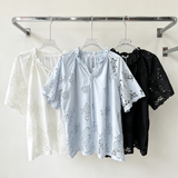 Cotton embroidered top with floral tie-neck, short sleeves -DURELIA