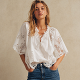 Cotton embroidered top with floral tie-neck, short sleeves -DURELIA