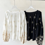 Women's bohemian blouse, Tunisian collar, puff sleeves