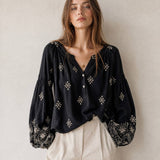 Women's bohemian blouse, Tunisian collar, puff sleeves