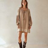 Short embroidered bohemian cotton dress with voluminous sleeves- DURELIA