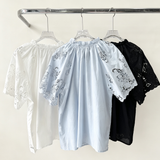 Cotton embroidered top with floral tie-neck, short sleeves -DURELIA