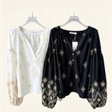 Women's bohemian blouse, Tunisian collar, puff sleeves